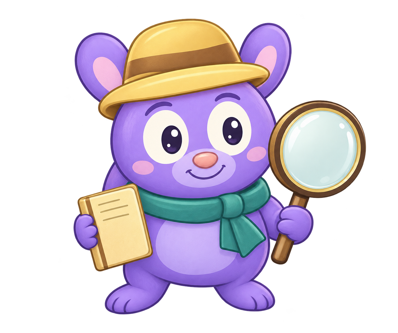 Snooplet, a friendly purple detective creature with a yellow hat, teal scarf, and magnifying glass